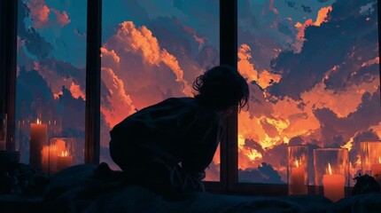 advent first sunday Silhouette watches fiery sunset through candlelit window