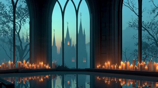 Mystical Gothic Window View with Candlelight and Castle Silhouettes
