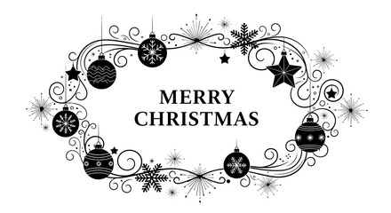 Elegant Christmas frame with ornaments and snowflakes, featuring 'Merry Christmas' text.