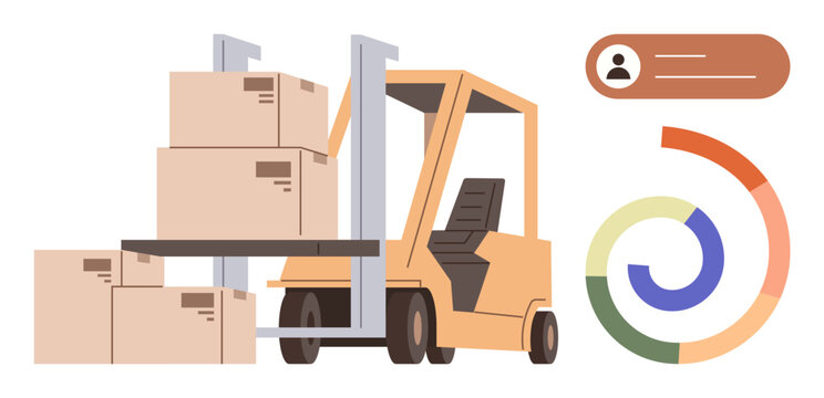 Fototapeta Forklift lifting stacked cardboard boxes next to a user profile graphic and circular analytics chart. Ideal for logistics, warehouse management, supply chain, delivery, data visualization, business