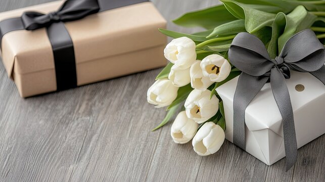 Beautifully wrapped gifts beside a bouquet of white tulips on a wooden surface, perfect for a special occasion or celebration
