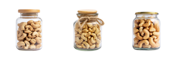 Cashews in glass jars on transparent background food photography studio environment