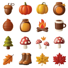 Autumn harvest woodland elements including pumpkins acorns honey jars campfire boots and leaves