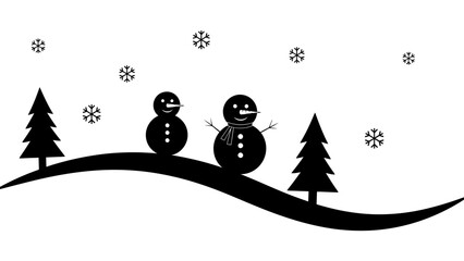 Two black silhouette snowmen on a snowy hill with pine trees and falling snowflakes.