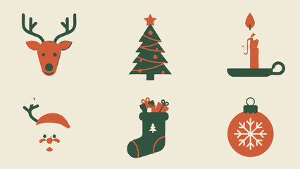 Flat design Christmas icons set featuring reindeer, tree, candle, Santa, stocking, and ornament.