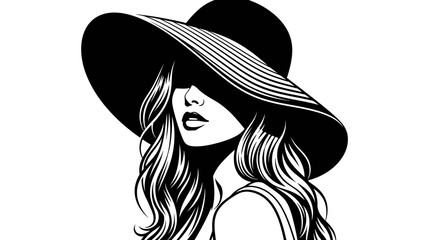 A striking black and white illustration of a woman wearing a wide-brimmed hat that casts a shadow over her face, with her wavy hair flowing.