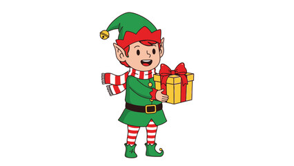 Cartoon illustration of a Christmas elf holding a gift box with a red bow.