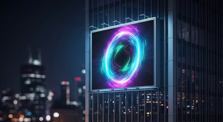 Stunning billboard advertisement displaying mesmerizing neon lights in a dynamic city skyline at night creating a vibrant urban scene for brand marketing