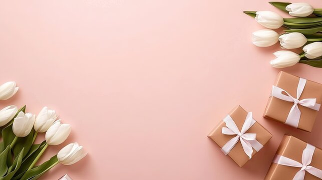 Elegant arrangement of white tulips and gift boxes on a soft pink background for a special occasion celebration - Powered by Adobe