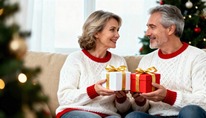 Happy senior couple exchanging Christmas gifts at home. Mature man and woman in matching sweaters celebrating the winter holiday. Love and togetherness concept