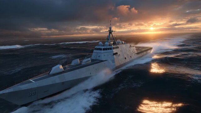 Wide-angle view of unmanned naval vessel skimming ocean surface, futuristic design with radar and communication arrays, vibrant sunset illuminating waves, high-tech maritime reconn