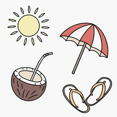 Summer Beach Icons Coconut Drink Umbrella and Flip Flops Keywords: summer, beach, vacation, holiday