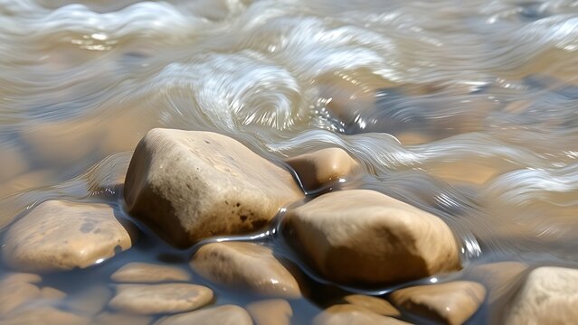 jostled. Smooth river stones jostled by fast-flowing clear water in a shallow stream. travel magazines, destination branding, designed for travel destination branding, used by sales representatives.