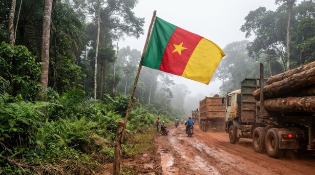 Cameroon flag displayed beside a rainforest road with passing trucks.