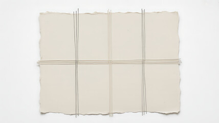 Roughedged paper sheet secured with intersecting twine strings on a plain white background