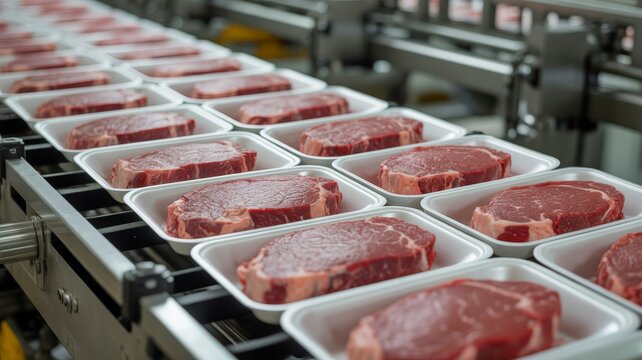 Carefully placing a tray of fresh, raw red meat onto a conveyor belt in a modern, brightly lit food processing factory.