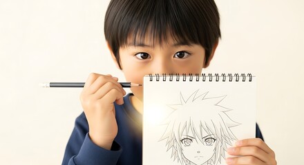 a young boy intently focuses on drawing an anime character in a white notebook holding a pencil with a determined expression high quality professional detailed modern