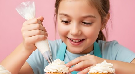 a young girl joyfully decorates cupcakes with white frosting using a pastry bag showcasing her baking skills and sweet tooth high quality professional detailed modern elegant