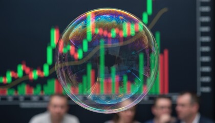 A financial bubble floating before stock charts depicting risk, volatility and economic uncertainty