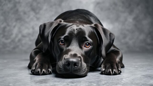 A dog on a soft gray, patterned, polished floor. The dog has its head and paws resting on the floor
