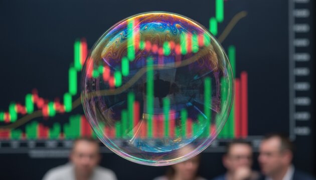 A financial bubble floating before stock charts depicting risk, volatility and economic uncertainty