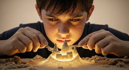 a young boy intently focuses on meticulously crafting a small sandcastle using a plastic fork illuminated by a soft warm light source high quality professional detailed
