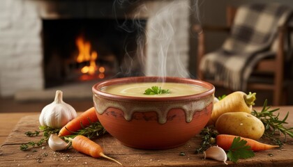Hot vegetable soup in rustic bowl near fireplace symbolizing winter comfort homemade cooking warm family moment and seasonal tradition