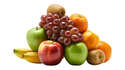 Vibrant assortment of fresh fruits, apples, grapes, oranges, kiwis, and bananas stacked together creating a healthy snack and promoting wellness