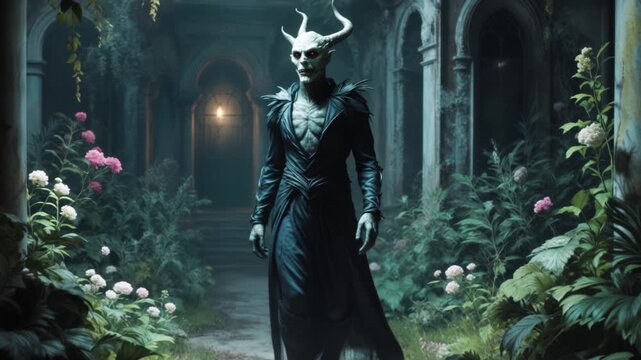 An eldritch creature wandering the decadent garden of an abandoned Victorian mansion, oil painting