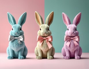 Three Colorful Easter Bunny Figurines with Decorative Bows