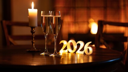Celebrate 2026 with bubbly champagne and warm candlelight, a cozy and inviting atmosphere perfect for New Year's Eve or milestone celebrations