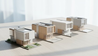 Modern architectural house models arranged on a table illustrating urban planning concepts, design innovation and contemporary housing vision
