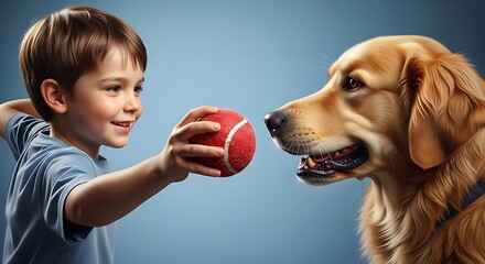 a heartwarming scene unfolds as a young boy playfully extends a vibrant red ball towards his eager golden retriever companion fostering a bond high quality professional