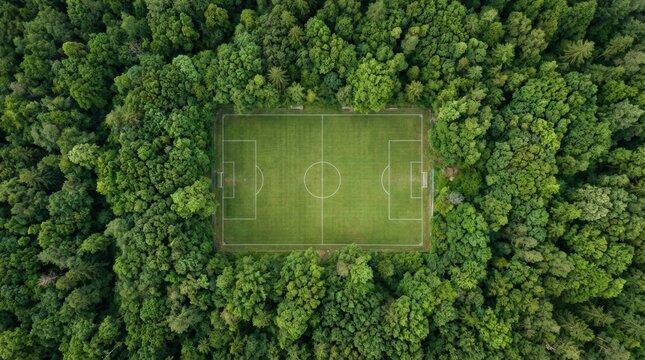 A remote football field hidden within dense forest offers a concept of eco recreation, sustainability vision and rural community sport inspiration