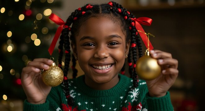 A joyful young black girl with braided hair and red ribbons smiles while holding two shiny gold christmas ornaments near a tree - Powered by Adobe