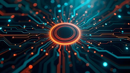 Futuristic digital core with glowing circuits and neon data lines forming a high-tech cyber network hub in a modern electronic sci-fi technology background