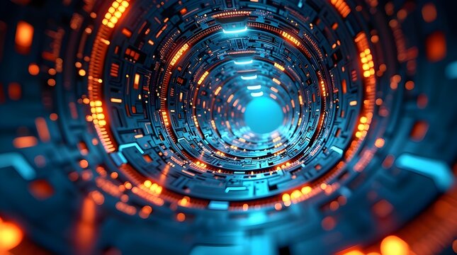 Futuristic glowing tech tunnel with digital circuitry, neon lights and advanced cyber energy flow creating a dynamic high-tech sci-fi electronic design background
