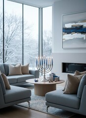 A lit Hanukkah menorah on a coffee table in a modern living room. Jewish holiday celebration with gifts and dreidels during a snowy winter day