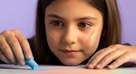 a young girl with long brown hair is focused intently on coloring on her face with a vibrant blue crayon creating art high quality professional detailed