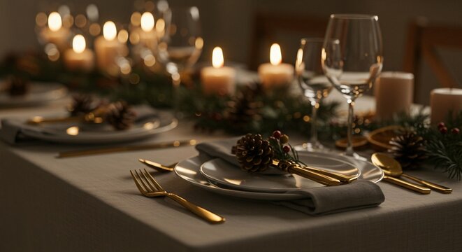 Elegant holiday dinner table setting with glowing candles, pine cones, and gold cutlery creating a warm, festive atmosphere