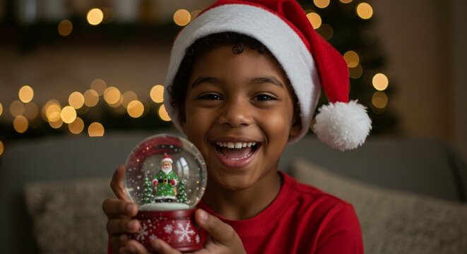 Joyful young boy wearing a santa hat happily holding up a festive christmas snow globe with blurred holiday lights in the background