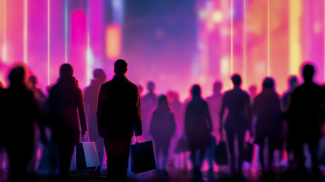 Crowd of shoppers walking through a vibrant neon city with glowing pink and purple lights. Silhouettes, shopping bags, dynamic atmosphere of sales, nightlife, holiday discounts and urban rush. - Powered by Adobe