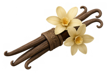 Vanilla beans with fresh blooming orchids, showing sweet aromatic flavoring for cooking and baking on transparent background