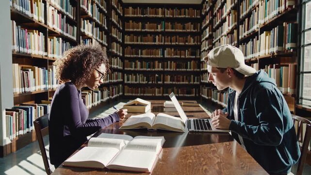 Students study together in a library during daylight hours while preparing for exams