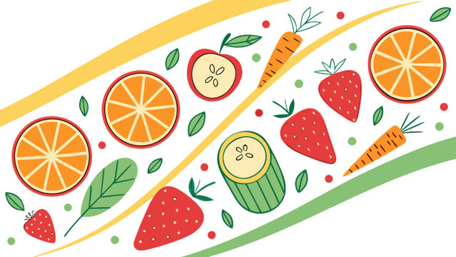 Colorful fruit and vegetable pattern with oranges, strawberries, carrots and apple slices design
