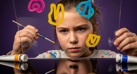 a young girl with brown hair looks intently at colorful abstract shapes floating around her face reflected in glass with paint tubes high quality professional detailed