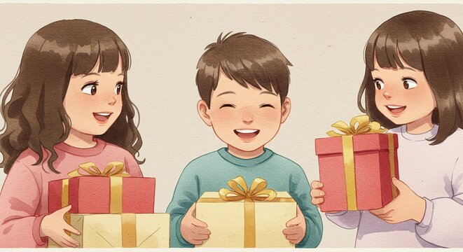 Three happy children, two girls and one boy, smiling while holding and receiving colorful wrapped gift boxes tied with golden ribbons