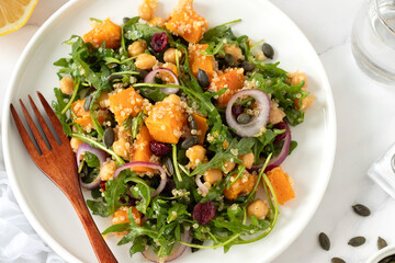 Pumpkin quinoa arugula chickpea salad. Top view.