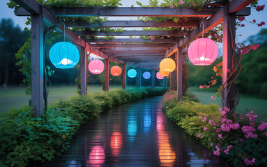 Colorful glowing orbs illuminate a wet wooden walkway under a garden pergola at dusk