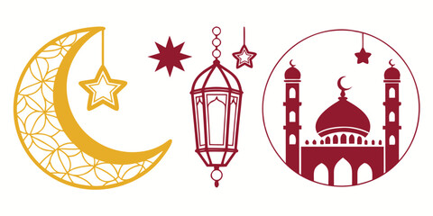 Gold and Burgundy Islamic Ramadan Symbols Crescent Moon Mosque and Lantern star